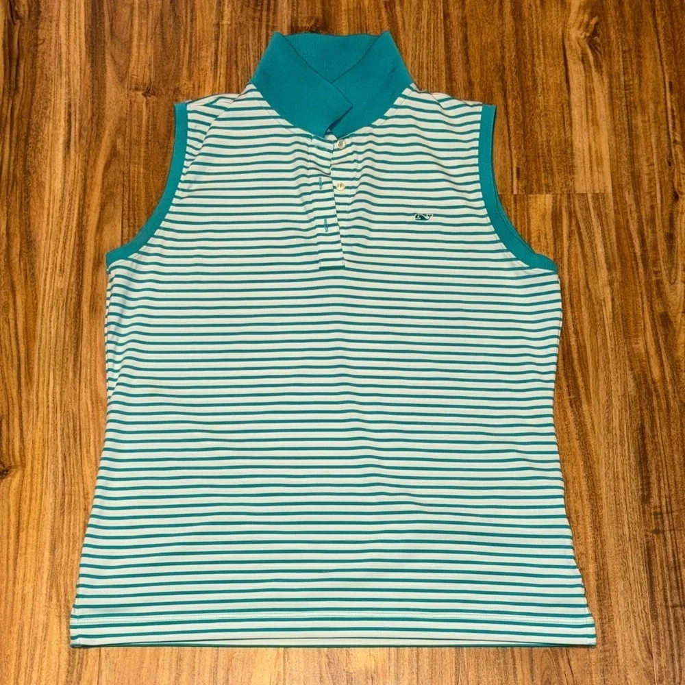 Vineyard Vines womens medium tank top golf polo Teal White stripe performance
